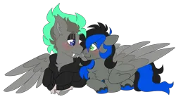 Size: 7939x4479 | Tagged: safe, artist:crazysketch101, derpibooru import, oc, oc:tweety birb, oc:wilson "bug", unofficial characters only, pegasus, pony, blushing, clothes, couple, eyeshadow, fangs, hoodie, image, makeup, png, shipping, simple background, snuggling, transparent background