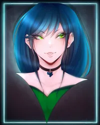 Size: 1080x1350 | Tagged: safe, artist:hunii_lotus, derpibooru import, queen chrysalis, oc, oc:chrystina, human, breasts, bust, choker, cleavage, eye clipping through hair, female, floof'n'friends, humanized, image, jpeg, looking offscreen, smiling, solo