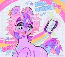 Size: 1080x942 | Tagged: safe, artist:bunbunbewwii, derpibooru import, oc, unnamed oc, unofficial characters only, pony, unicorn, bandaid, bow, glasses, horn, image, jpeg, magic, phone, solo, tail, tail bow, telekinesis, unicorn oc