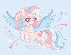 Size: 1080x839 | Tagged: safe, artist:bunbunbewwii, derpibooru import, star catcher, pegasus, pony, g3, blue background, heart, image, jpeg, simple background, solo, spread wings, stars, wings