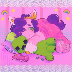 Size: 1440x1440 | Tagged: safe, artist:ariariari.png, derpibooru import, pipp petals, pegasus, pony, g5, blanket, controller, creeper, creeper (minecraft), drink, energy drink, image, jpeg, lidded eyes, minecraft, monster energy, plushie, solo, xbox 360 controller