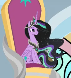 Size: 570x621 | Tagged: safe, artist:alinamandarina, artist:lunerymish, derpibooru import, oc, oc:twivine sparkle, unofficial characters only, alicorn, pony, base used, canterlot castle, crown, image, jewelry, png, regalia, sitting, throne, twivine sparkle