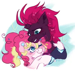 Size: 903x850 | Tagged: safe, artist:greycloudarts, derpibooru import, fizzlepop berrytwist, pinkie pie, tempest shadow, earth pony, pony, unicorn, alternate design, coat markings, cuddling, female, grin, hug, image, lesbian, looking at each other, looking at someone, mare, png, shipping, simple background, smiling, smiling at each other, socks (coat marking), tempestpie, twitterina design, white background