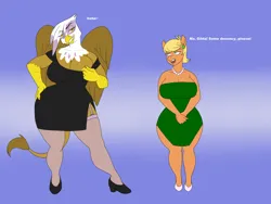 Size: 2000x1500 | Tagged: suggestive, artist:lurking tyger, derpibooru import, gilda, ms. harshwhinny, anthro, earth pony, gryphon, big breasts, breasts, busty gilda, busty ms. harshwhinny, clothes, dialogue, dress, exhibitionism, female, gradient background, high heels, huge breasts, image, png, shoes, smiling, teasing, unamused