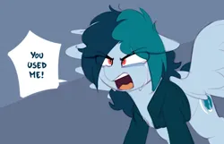 Size: 1280x822 | Tagged: safe, artist:shinodage, banned from derpibooru, deleted from derpibooru, derpibooru import, oc, oc:delta vee, unofficial characters only, pegasus, pony, angry, colored background, crying, dialogue, female, image, jpeg, mare, solo, spread wings, wings, yelling