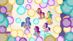 Size: 3072x1727 | Tagged: safe, derpibooru import, screencap, hitch trailblazer, izzy moonbow, pipp petals, sparky sparkeroni, sunny starscout, dragon, earth pony, pegasus, pony, unicorn, g5, my little pony: tell your tale, spoiler:g5, spoiler:my little pony: tell your tale, spoiler:tyts01e59, :o, baby, baby dragon, female, grin, image, jpeg, male, mare, misty brightdawn, moon festival, open mouth, open smile, rebirth misty, smiling, stallion