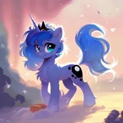 Size: 768x768 | Tagged: safe, derpibooru import, machine learning generated, stable diffusion, princess luna, alicorn, pony, ai content, chest fluff, cute, diadem, female, full body, generator:purplesmart.ai, image, jewelry, jpeg, lunabetes, mare, messy mane, messy tail, outdoors, prompter:nightluna, regalia, smiling, solo, standing, tail, wingless, wrong cutie mark