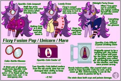 Size: 6000x4000 | Tagged: safe, artist:dice-warwick, derpibooru import, oc, oc:fizzy fusion pop, pony, unicorn, fallout equestria, beauty mark, clothes, coloboma, cooler, dress, drink, drinking glass, female, freckles, glass, glasses, heart, heart eyes, image, implied infidelity, jumpsuit, long mane, long tail, mare, messy mane, mug, png, reference sheet, soda, solo, tail, wingding eyes