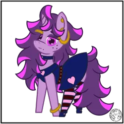 Size: 2000x2000 | Tagged: safe, artist:dice-warwick, derpibooru import, oc, oc:fizzy fusion pop, unofficial characters only, pony, unicorn, bag, beauty mark, choker, clothes, ear piercing, earring, female, freckles, heart, heart eyes, highlights, image, jewelry, long mane, long tail, mare, messy mane, piercing, pink dress, png, saddle bag, simple background, socks, solo, stockings, striped socks, tail, thigh highs, transparent background, wingding eyes