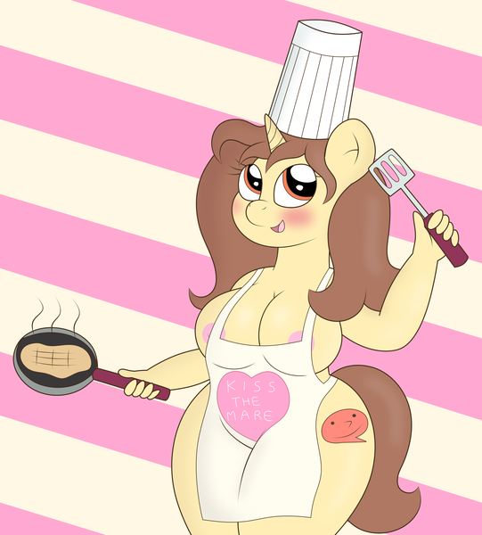 Size: 3300x3659 | Tagged: questionable, artist:lewdfler85, derpibooru import, oc, oc:hymyt, unofficial characters only, anthro, unicorn, absolute cleavage, adorasexy, apron, big breasts, blushing, breasts, chef's hat, cleavage, clothes, cooking, cute, derpibooru exclusive, female, food, hat, image, nipples, no underwear, nudity, pan, pancakes, png, sexy, smiling, solo, solo female, spatula, striped background, thick