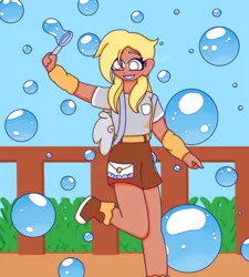 Size: 712x792 | Tagged: safe, artist:littleowo, derpibooru import, derpy hooves, human, alternate hairstyle, arm warmers, belt, boots, bubble, bubble wand, clothes, cute, derpabetes, female, fence, grass, grin, humanized, image, png, shirt, shoes, shorts, smiling, socks, solo, suspenders, t-shirt, winged humanization, wings