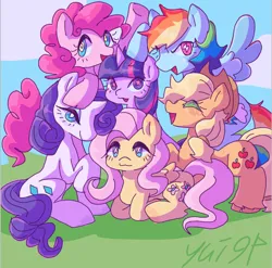 Size: 1080x1067 | Tagged: safe, artist:yui94, derpibooru import, applejack, fluttershy, pinkie pie, rainbow dash, rarity, twilight sparkle, earth pony, pegasus, pony, unicorn, cutie mark eyes, female, group shot, image, jpeg, mane six, mane six opening poses, mare, signature, unicorn twilight, wingding eyes