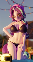 Size: 2048x3840 | Tagged: suggestive, artist:laylahorizonsfm, derpibooru import, starlight glimmer, anthro, pony, unicorn, 3d, 4k, alternate hairstyle, bikini, blender, bra, breasts, choker, clothes, g4, glasses, high res, image, kneeling, looking at you, midriff, nexgen, piercing, pinup, png, solo, swimming pool, swimsuit, tattoo, underwear