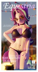 Size: 2048x3840 | Tagged: suggestive, alternate version, artist:laylahorizonsfm, derpibooru import, anthro, unicorn, 3d, 4k, alternate hairstyle, bikini, blender, breasts, choker, clothes, glasses, high res, image, kneeling, looking at you, magazine, magazine cover, midriff, nexgen, piercing, pinup, png, solo, swimming pool, swimsuit, tattoo