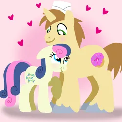 Size: 1400x1400 | Tagged: safe, artist:mlplary6, derpibooru import, bon bon, donut joe, sweetie drops, earth pony, pony, unicorn, blushing, bonjoe, boyfriend and girlfriend, female, hat, heart, image, looking at each other, looking at someone, love, male, mare, png, shipping, smiling, smiling at each other, stallion, straight