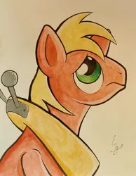 Size: 1461x1884 | Tagged: safe, artist:engi, derpibooru import, big macintosh, earth pony, pony, image, jpeg, looking up, male, sad, simple background, solo, traditional art, watercolor painting, yoke