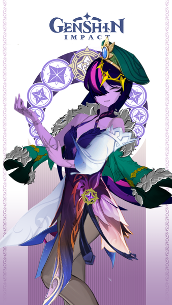 Size: 780x1386 | Tagged: safe, artist:decokenite, derpibooru import, edit, twilight sparkle, human, bangs, bracelet, card, clothes, coat, crown, dress, electro, eyes closed, female, fur coat, genshin impact, hat, humanized, image, jacket, jewelry, one eye covered, photo, png, regalia, ring, smiling, solo, stocking feet, vision