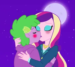 Size: 1269x1148 | Tagged: safe, derpibooru import, princess cadance, spike, human, equestria girls, blushing, eyes closed, female, hug, human spike, humanized, image, infidelity, kiss on the lips, kissing, love, male, png, shipping, spikedance, straight