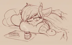 Size: 2048x1286 | Tagged: safe, artist:yoditax, oc, unofficial characters only, demon, demon pony, original species, bed, blanket, churros, clothes, female, floppy ears, food, image, jpeg, monochrome, mug, one eye closed, pillow, sick, socks, solo