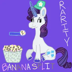 Size: 1500x1500 | Tagged: safe, artist:mintwhistle, derpibooru import, rarity, pony, unicorn, g5, bowl, bucket hat, colored hooves, cute, dippin' dots, eating, eyes closed, female, food, g4, g4 to g5, generation leap, glow, glowing horn, hat, horn, ice cream, image, magic, mare, png, purple background, raised hoof, raribetes, rarity day, simple background, sitting, smiling, solo, spoon, telekinesis, unshorn fetlocks