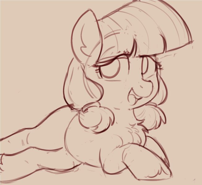 Size: 1303x1197 | Tagged: safe, artist:yoditax, lily longsocks, pony, chest fluff, female, filly, image, jpeg, lidded eyes, monochrome, open mouth, prone, simple background, solo, yellow background