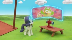 Size: 1280x720 | Tagged: safe, derpibooru import, rarity, my little pony: pony life, my little pony: stop motion short, banner, cloud, happy, image, magic, magic aura, png, sewing machine, stop motion, table