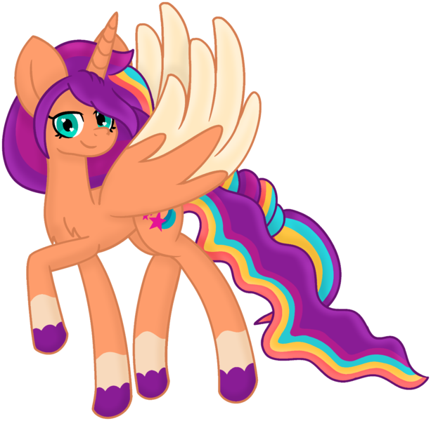Size: 1456x1424 | Tagged: safe, artist:yoshter7, derpibooru import, sunny starscout, alicorn, pony, g5, big ears, braid, chest fluff, coat markings, colored, colored wings, commission, concave belly, eyelashes, female, green eyes, heart, heart eyes, image, long mane, long tail, mare, multicolored hair, older, older sunny, older sunny starscout, outline, png, princess sunny starscout, quadrupedal, rainbow hair, raised hoof, shading, simple background, slim, smiling, socks (coat marking), solo, spread wings, standing, tail, tall, thin, transparent background, turned head, two toned wings, unshorn fetlocks, white outline, wingding eyes, wings