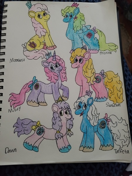 Size: 3024x4032 | Tagged: safe, artist:mintwhistle, derpibooru import, princess misty, princess pristina, princess sunbeam, princess taffeta, earth pony, pegasus, pony, unicorn, g1, bow, colored hooves, crayon drawing, crown, description is relevant, female, flower, flower in hair, frown, group, hair tie, image, jewelry, jpeg, looking back, looking up, mare, open mouth, open smile, pigtails, princess, princess dawn, princess moondust, princess ponies, raised hoof, redesign, regalia, royalty, sextet, sketchbook, smiling, tail, tail bow, traditional art, unshorn fetlocks