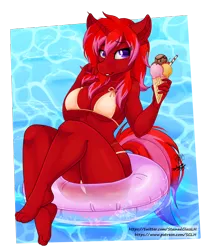 Size: 3600x4400 | Tagged: suggestive, artist:stainedglasslighthea, derpibooru import, oc, oc:fire ruby, unofficial characters only, anthro, plantigrade anthro, unicorn, ass, big breasts, bikini, breasts, butt, clothes, eyebrows, eyebrows visible through hair, female, food, ice cream, image, inner tube, lidded eyes, looking at you, png, pool toy, smiling, solo, solo female, swimsuit, water
