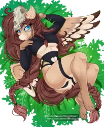 Size: 3600x4400 | Tagged: suggestive, artist:stainedglasslighthea, derpibooru import, oc, oc:ondrea, unofficial characters only, anthro, pegasus, plantigrade anthro, ass, big breasts, braid, braided ponytail, braided tail, breasts, butt, cameltoe, clothes, colored wings, colored wingtips, freckles, garters, grass, image, lidded eyes, looking at you, lying down, midriff, on back, panties, png, ponytail, skull, smiling, solo, spread wings, tail, underboob, underwear, wings