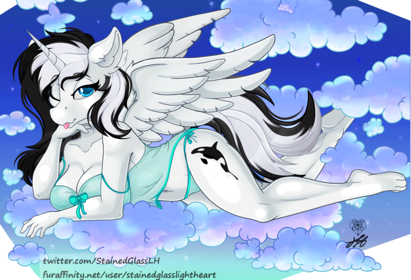 Size: 4400x3000 | Tagged: suggestive, artist:stainedglasslighthea, derpibooru import, oc, oc:shouka, unofficial characters only, alicorn, anthro, plantigrade anthro, alicorn oc, big breasts, bow, breasts, cleavage, clothes, cloud, eyebrows, eyebrows visible through hair, female, horn, image, lidded eyes, looking at you, lying down, lying on a cloud, midriff, nightgown, on a cloud, one eye closed, panties, png, raspberry, smiling, solo, solo female, spread wings, tongue out, underwear, wings, wink, winking at you