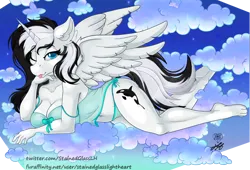 Size: 4400x3000 | Tagged: suggestive, artist:stainedglasslighthea, derpibooru import, oc, oc:shouka, unofficial characters only, alicorn, anthro, plantigrade anthro, alicorn oc, big breasts, bow, breasts, cleavage, clothes, cloud, eyebrows, eyebrows visible through hair, female, horn, image, lidded eyes, looking at you, lying down, lying on a cloud, midriff, nightgown, on a cloud, one eye closed, panties, png, raspberry, smiling, solo, solo female, spread wings, tongue out, underwear, wings, wink, winking at you