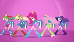 Size: 3840x2160 | Tagged: safe, color edit, derpibooru import, edit, edited screencap, screencap, applejack, fluttershy, pinkie pie, rainbow dash, rarity, human, equestria girls, equestria girls (movie), applejack's cowboy boots, belt, boots, clothes, colored, cowboy boots, cowboy hat, fluttershy's boots, hat, helping twilight win the crown, high heel boots, human coloration, humane five, image, pinkie pie's boots, png, polka dot socks, rainbow dash's boots, rarity's purple boots, shirt, shoes, skin color edit, skirt, socks