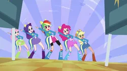 Size: 3840x2160 | Tagged: safe, color edit, derpibooru import, edit, edited screencap, screencap, applejack, fluttershy, pinkie pie, rainbow dash, rarity, human, equestria girls, equestria girls (movie), applejack's cowboy boots, belt, boots, clothes, colored, cowboy boots, cowboy hat, fluttershy's boots, hat, helping twilight win the crown, high heel boots, human coloration, humane five, image, pinkie pie's boots, png, rainbow dash's boots, rarity's purple boots, shirt, shoes, skin color edit, skirt, socks