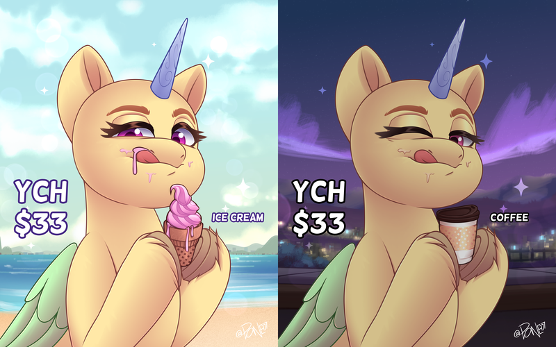 Size: 4800x3000 | Tagged: safe, artist:rivin177, derpibooru import, alicorn, pegasus, pony, unicorn, beach, cloud, coffee cup, commission, cup, fence, food, hill, hooves, horizon, horn, ice cream, image, looking at you, night, one eye closed, png, raised hoof, sand, scenery, sparkles, sunny day, tongue out, wings, wink, your character here