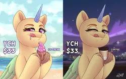 Size: 4800x3000 | Tagged: safe, artist:rivin177, derpibooru import, alicorn, pegasus, pony, unicorn, beach, cloud, coffee cup, commission, cup, fence, food, hill, hooves, horizon, horn, ice cream, image, looking at you, night, one eye closed, png, raised hoof, sand, scenery, sparkles, sunny day, tongue out, wings, wink, your character here