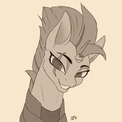 Size: 2160x2160 | Tagged: safe, artist:tenebrisnoctus, derpibooru import, fizzlepop berrytwist, tempest shadow, pony, unicorn, broken horn, bust, eye scar, facial scar, female, grin, horn, image, lidded eyes, looking at you, mare, monochrome, png, portrait, scar, signature, simple background, smiling, solo