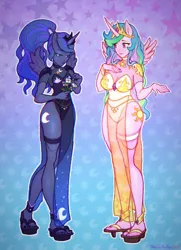 Size: 1024x1415 | Tagged: suggestive, artist:t0byinthesky, derpibooru import, princess celestia, princess luna, equestria girls, breasts, busty princess celestia, clothes, crown, cutie mark on human, dress, duo, eared humanization, female, flower, horn, horned humanization, humanized, image, jewelry, jpeg, necklace, pinklestia, platform shoes, pony coloring, ponytail, regalia, royal sisters, see-through, siblings, side slit, signature, sisters, winged humanization, wings