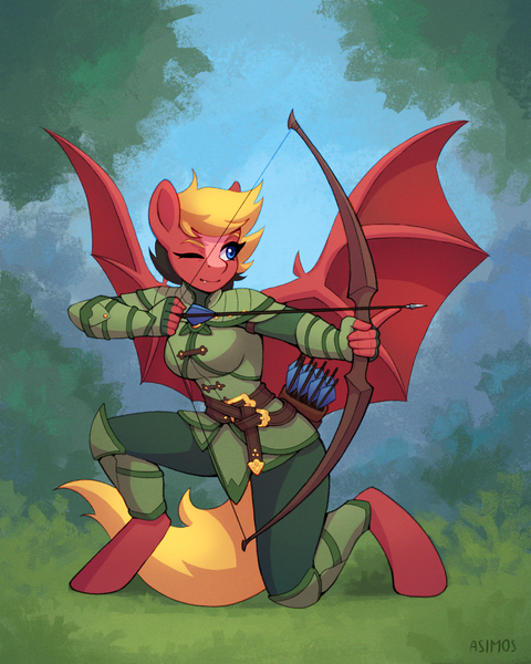 Size: 2800x3500 | Tagged: safe, artist:asimos, derpibooru import, oc, oc:sly sunder, unofficial characters only, anthro, bat pony, unguligrade anthro, aiming, armor, bat wings, bow (weapon), fangs, fantasy, female, forest, image, kneeling, png, quiver, solo, spread wings, tree, wings