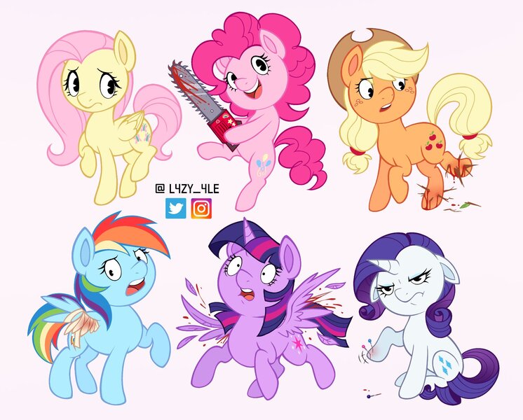 Size: 1790x1439 | Tagged: semi-grimdark, artist:lazy-ale, derpibooru import, applejack, fluttershy, pinkie pie, rainbow dash, rarity, twilight sparkle, twilight sparkle (alicorn), alicorn, earth pony, pegasus, pony, unicorn, bandage, bandaged wing, bipedal, blood, chainsaw, female, floppy ears, frown, happy tree friends, hoof hold, image, jpeg, looking at you, looking back, mane six, mare, molting, open mouth, open smile, pin, pink background, quill, simple background, sitting, smiling, smiling at you, style emulation, wings
