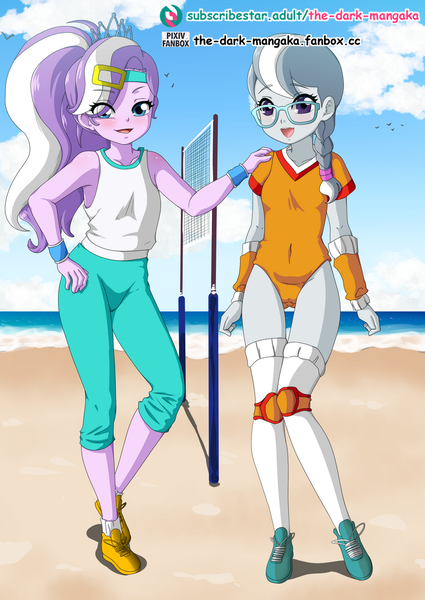 Size: 724x1023 | Tagged: safe, artist:the-dark-mangaka, derpibooru import, diamond tiara, silver spoon, human, equestria girls, arm band, beach, clothes, gameloft, humanized, image, knee pads, looking at you, one-piece swimsuit, png, shoes, smiling, sneakers, sports, swimsuit, uotapo-ish, volleyball net