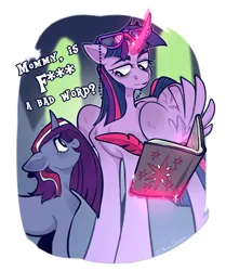 Size: 2580x3084 | Tagged: safe, artist:djkaskan, derpibooru import, twilight sparkle, twilight sparkle (alicorn), oc, oc:sunshine, alicorn, pony, unicorn, censored, censored vulgarity, dawn somewhere, female, filly, foal, image, next generation, parent:twilight sparkle, png