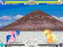 Size: 994x746 | Tagged: safe, artist:tom artista, derpibooru import, applejack, firefly, rainbow dash, earth pony, pegasus, pony, fighting is magic, g1, argentina, duo, fan game, female, image, jpeg, mare, mountain, new, palette swap, recolor, stage, triangle