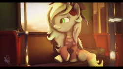 Size: 1920x1080 | Tagged: safe, artist:dashamoone, derpibooru import, oc, oc:blazey sketch, unofficial characters only, pegasus, 3d, 3d model, bow, clothes, green eyes, grey fur, hair bow, headphones, image, listening to music, looking out the window, multicolored hair, music, peaceful, pegasus oc, png, sitting, smiling, solo, source filmmaker, sweater, train, wings