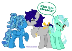 Size: 1000x709 | Tagged: safe, artist:jennieoo, derpibooru import, lyra heartstrings, oc, oc:maverick, oc:ocean soul, earth pony, pegasus, pony, unicorn, butt bump, couple, eyes closed, female, folded wings, image, kiss on the lips, kissing, male, mare, one eye closed, png, show accurate, simple background, smiling, soulverick, stallion, story, story included, transparent background, vector, water mane, wings, wink