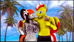 Size: 1967x1116 | Tagged: suggestive, artist:shadowuwu, derpibooru import, oc, oc:cannon car, oc:magnus, anthro, pegasus, plantigrade anthro, pony, 3d, abs, beach, belly, belly button, bikini, clothes, collarbone, commission, commissioner:nickyequeen, cute, female, food, ice cream, image, male, png, slim, source filmmaker, swimsuit, thin, ych result