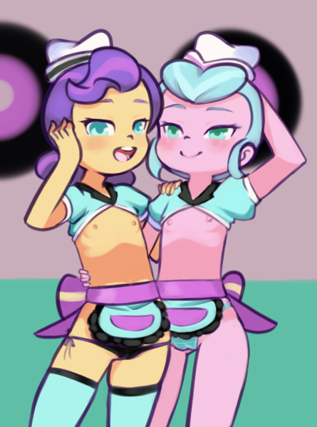 Size: 1105x1490 | Tagged: questionable, artist:drantyno, banned from derpibooru, ponerpics import, ponybooru import, sunny sugarsocks, tip top, equestria girls, child, clothes, doo wop, female, image, lolicon, partial nudity, png, topless, underage, underwear, young, younger