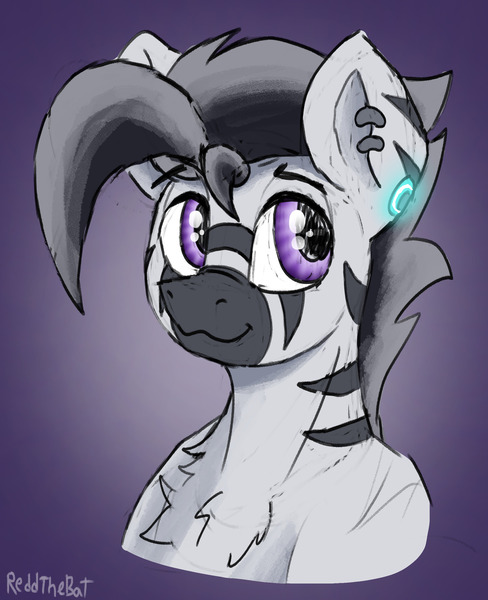 Size: 1956x2403 | Tagged: safe, artist:reddthebat, derpibooru import, oc, oc:zerø, unofficial characters only, pony, zebra, bust, chest fluff, ear piercing, earring, gradient background, image, jewelry, jpeg, male, piercing, signature, smiling, solo, stallion, zebra oc