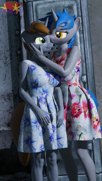 Size: 2160x3840 | Tagged: safe, artist:marianokun, derpibooru import, oc, oc:homage, oc:littlepip, anthro, unicorn, fallout equestria, 3d, anthro oc, blender, blender eevee, clothes, dress, female, height difference, image, kissing, lesbian, looking at each other, looking at someone, oc x oc, pipmage, png, shipping, summer dress