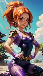 Size: 1664x2880 | Tagged: safe, derpibooru import, machine learning generated, stable diffusion, adagio dazzle, ai content, belt, boots, breasts, chinese garden, clothes, cloud, day, fingerless gloves, generator:aniversethxed14, generator:mlpadagiodazzle-10, gloves, grin, hand on hip, image, jewelry, jpeg, kneeling, looking at you, necklace, pantyhose, pauldron, ponytail, prompt in description, prompter:marusame, purple eyes, reasonably sized breasts, samurai, shoes, skintight clothes, small breasts, smiling, thigh boots, upscaled